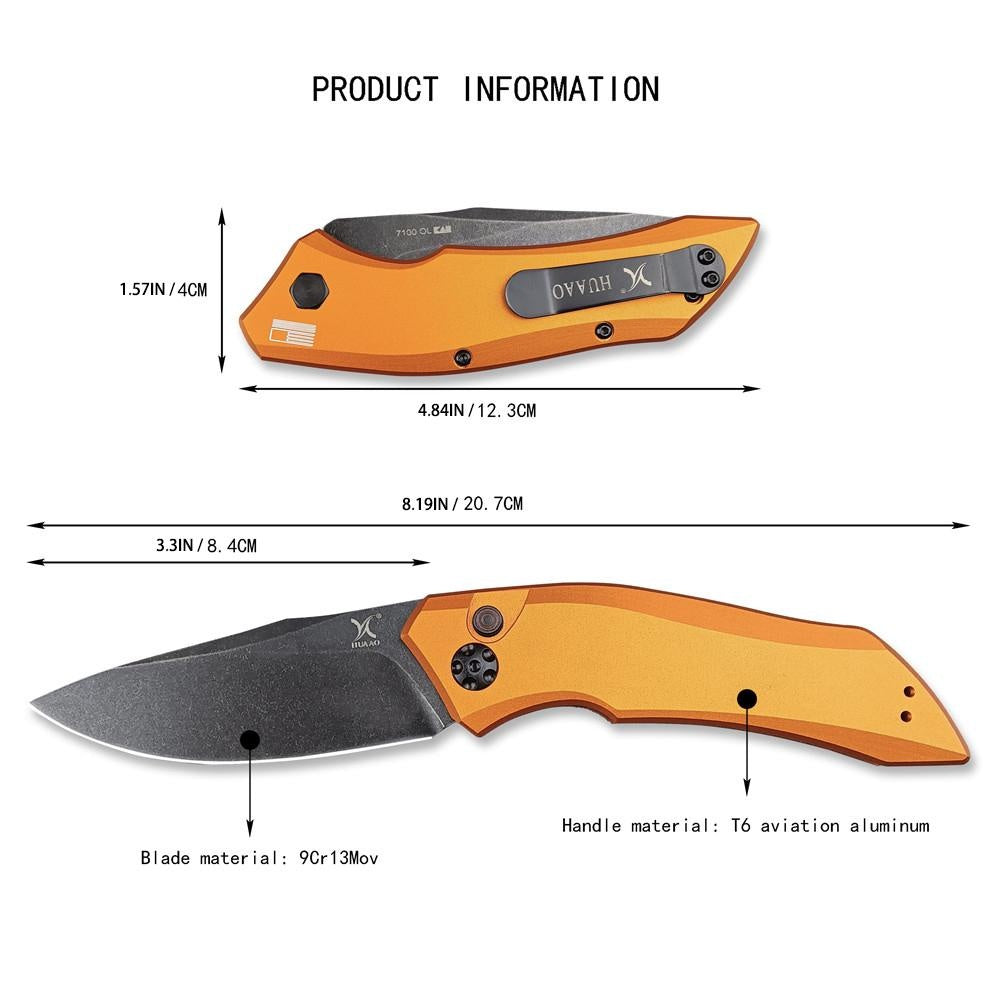 HUAAO 7100 BW Launch 1 AUTO Folding Knife 3.4" CPM-154 Blackwash Plain Blade, T6 Aviation Aluminum Handles Spring Assisted Knife Automatic Knives Tactical Self defense Knives Hunting Tools