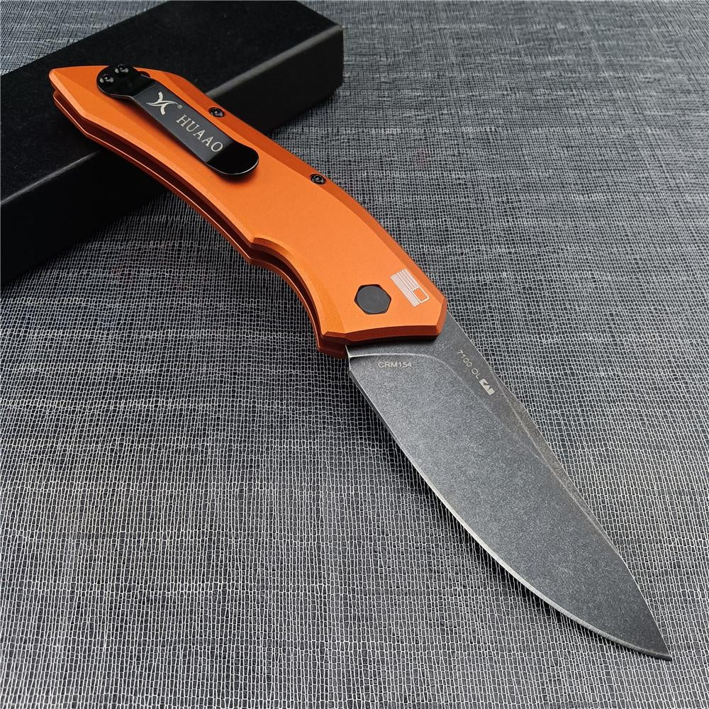 HUAAO 7100 BW Launch 1 AUTO Folding Knife 3.4" CPM-154 Blackwash Plain Blade, T6 Aviation Aluminum Handles Spring Assisted Knife Automatic Knives Tactical Self defense Knives Hunting Tools