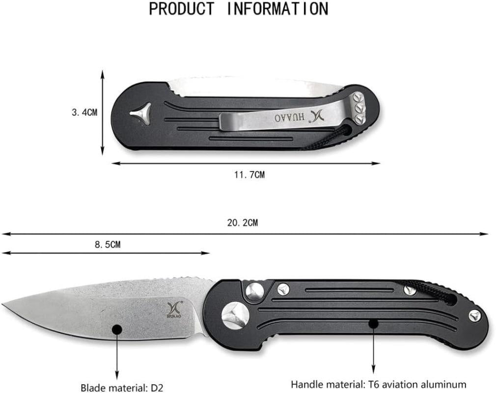 HUAAO 135-10OD LUDT AUTO Folding Knife 3.375" Stonewashed D2 Plain Blade, OD Black Aviation Aluminum Handles Automatic Knife Tactical Survival Knife Outdoor Camping Tactical Edc Tool Hunting Knives Self defense Knives