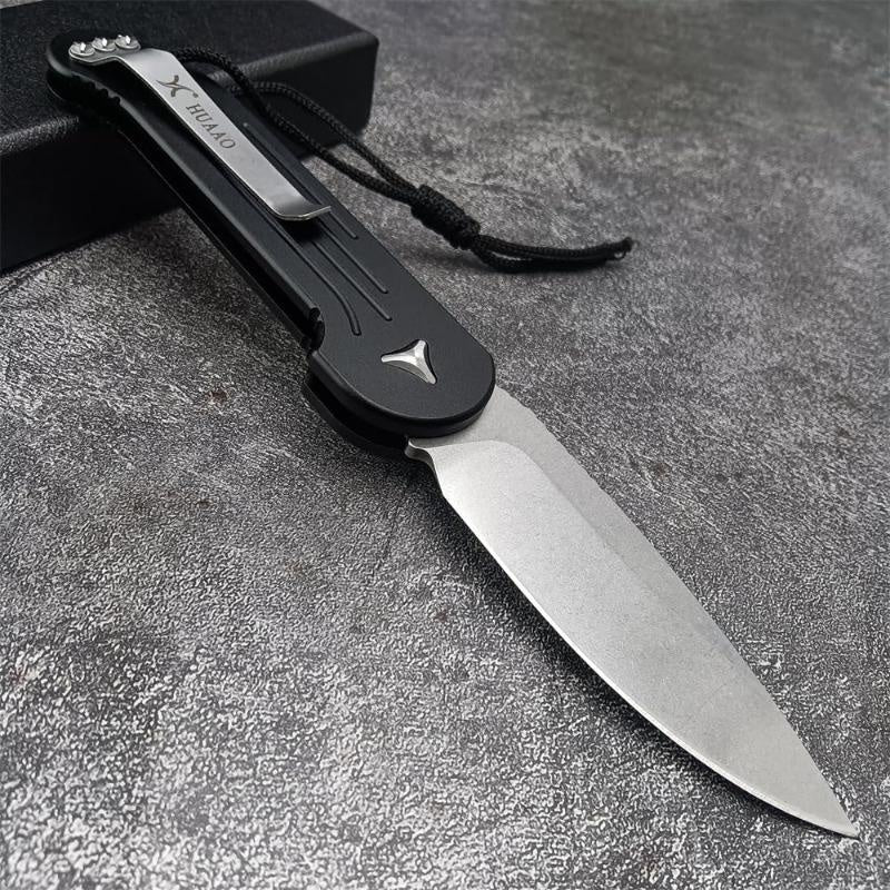 HUAAO 135-10OD LUDT AUTO Folding Knife 3.375" Stonewashed D2 Plain Blade, OD Black Aviation Aluminum Handles Automatic Knife Tactical Survival Knife Outdoor Camping Tactical Edc Tool Hunting Knives Self defense Knives