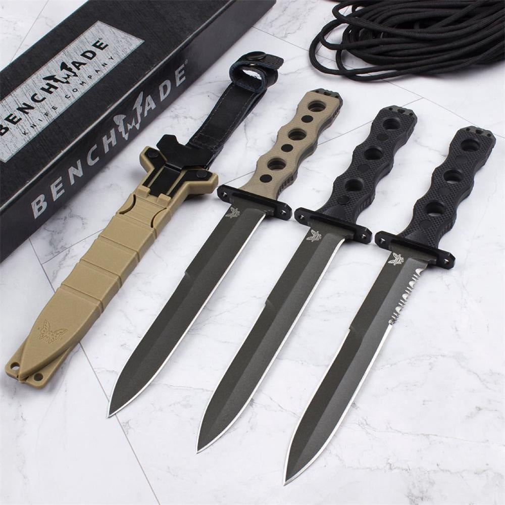 Benchmade 185BK SOCP Special Tactics Bushcraft Fixed Blade Knife 7.11" CPM-3V Black Double Edge Plain Dagger Blade G10 Handles Outdoor Hunting Camping Self Defense Combat Military Knife