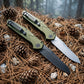 D2 Steel Reverse Tanto Folding Knife - Olive Green Aluminum Handle with Push Button Lock & Reversible Deep Carry Clip