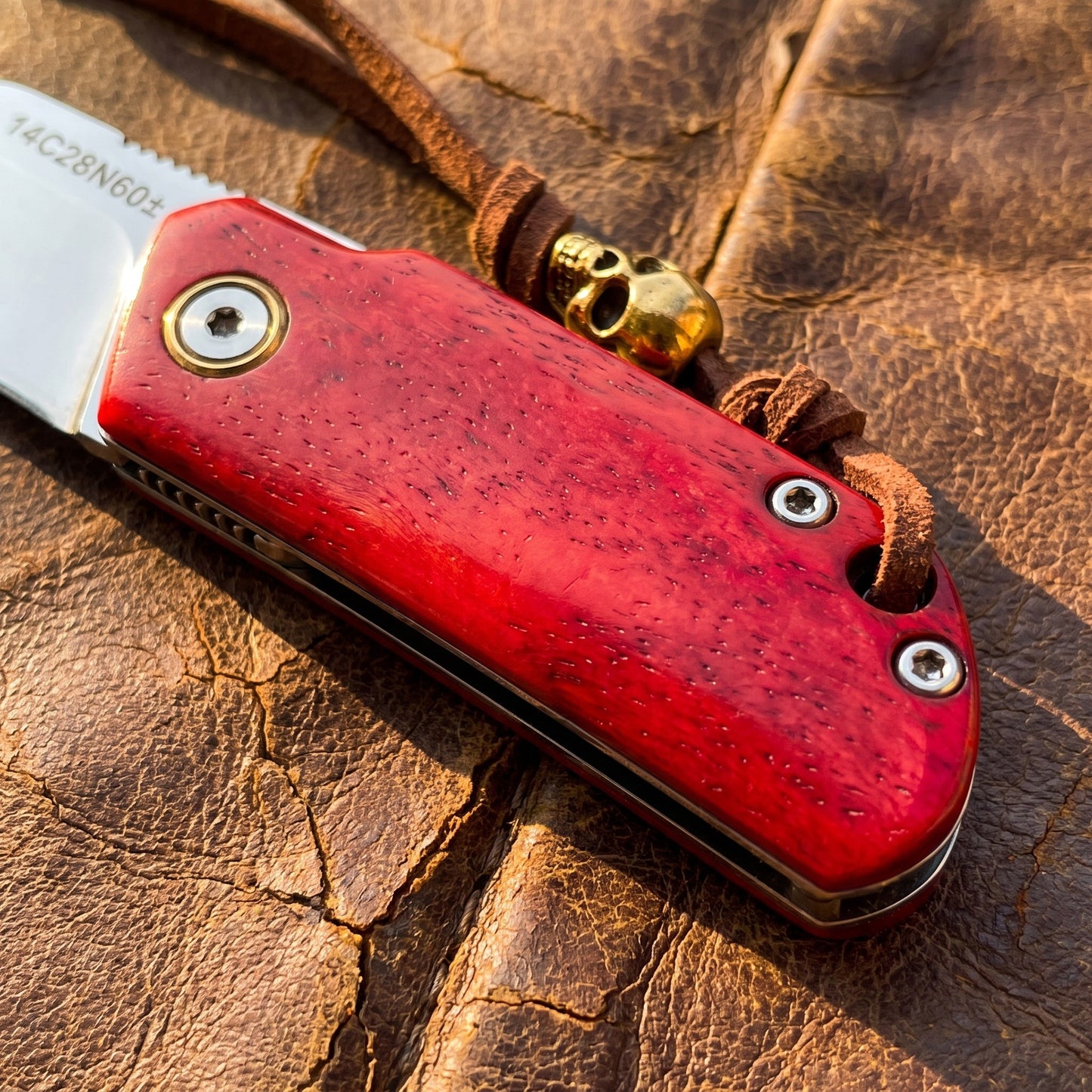 Mini Folding Pocket Knife Red Dyed Bone Handle 7Cr13Mov Steel Wharncliffe Blade