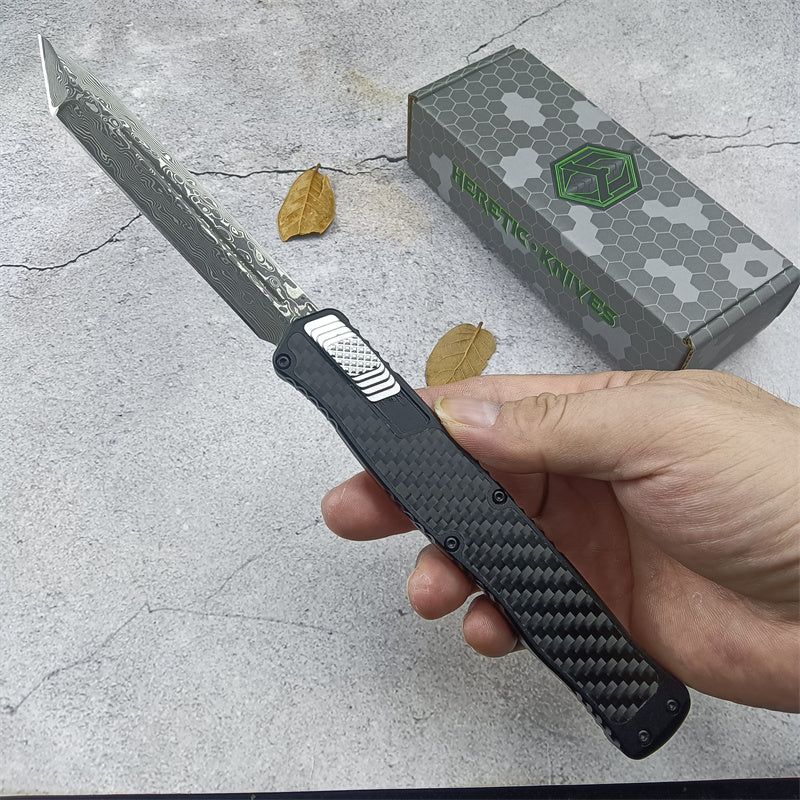 Heretic Knives Cleric II OTF AUTO Tactical Knife Double Edge Dagger Damascus Blade T6 Aluminum Alloy + Carbon Fiber Patch Handle EDC Button Opening Combat Military Knives