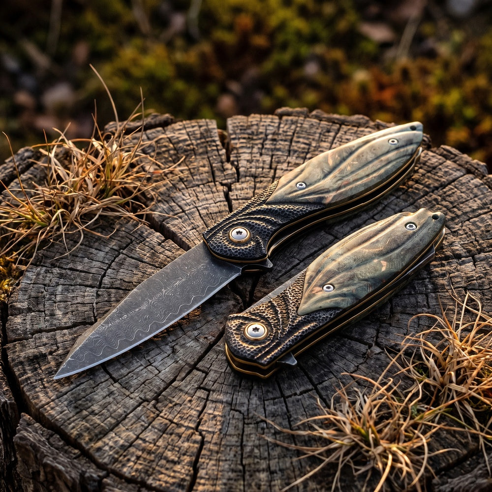 VG10 Damascus Steel Folding Pocket Knife, Stabilized Wood Handle Flipper EDC Knife with Liner Lock