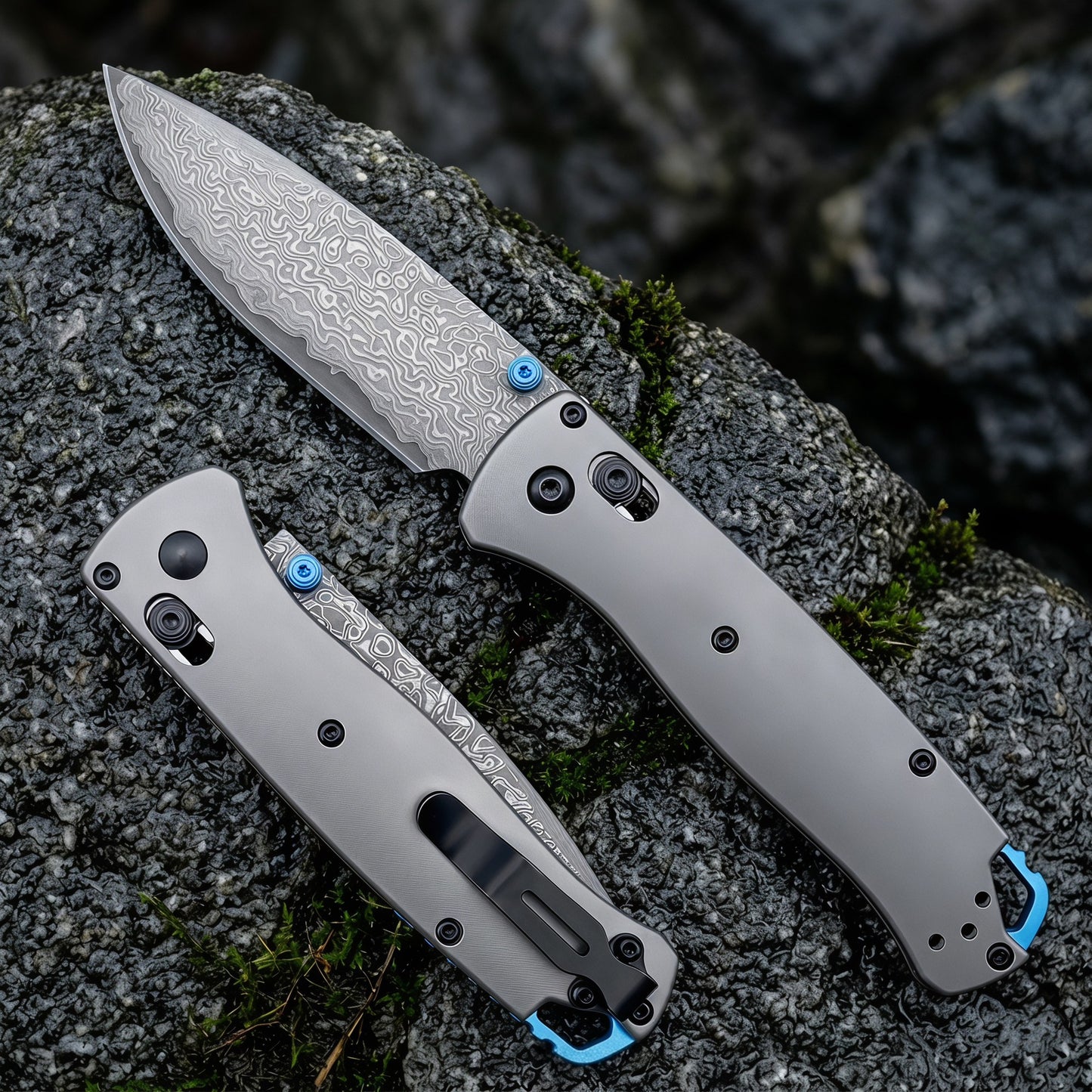 Damascus Folding Pocket Knife - Lightweight TC4 Handle, Drop Point Steel Blade, Dual Thumb Stud, Crossbar Lock, Deep Carry Clip