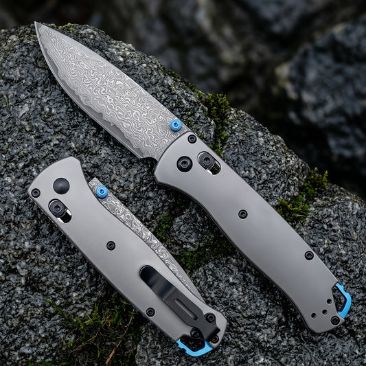 Damascus Folding Pocket Knife - Lightweight TC4 Handle, Drop Point Steel Blade, Dual Thumb Stud, Crossbar Lock, Deep Carry Clip