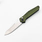 D2 Steel Reverse Tanto Folding Knife - Olive Green Aluminum Handle with Push Button Lock & Reversible Deep Carry Clip