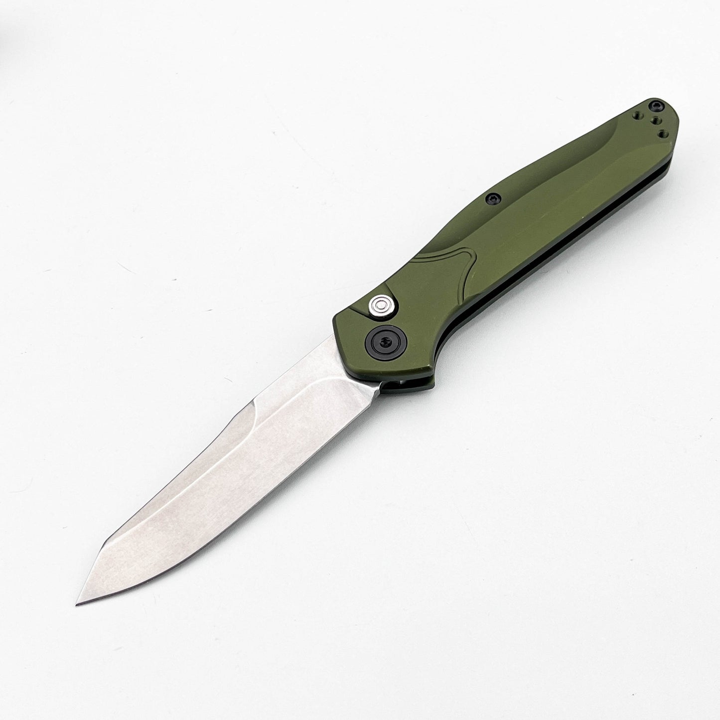 D2 Steel Reverse Tanto Folding Knife - Olive Green Aluminum Handle with Push Button Lock & Reversible Deep Carry Clip