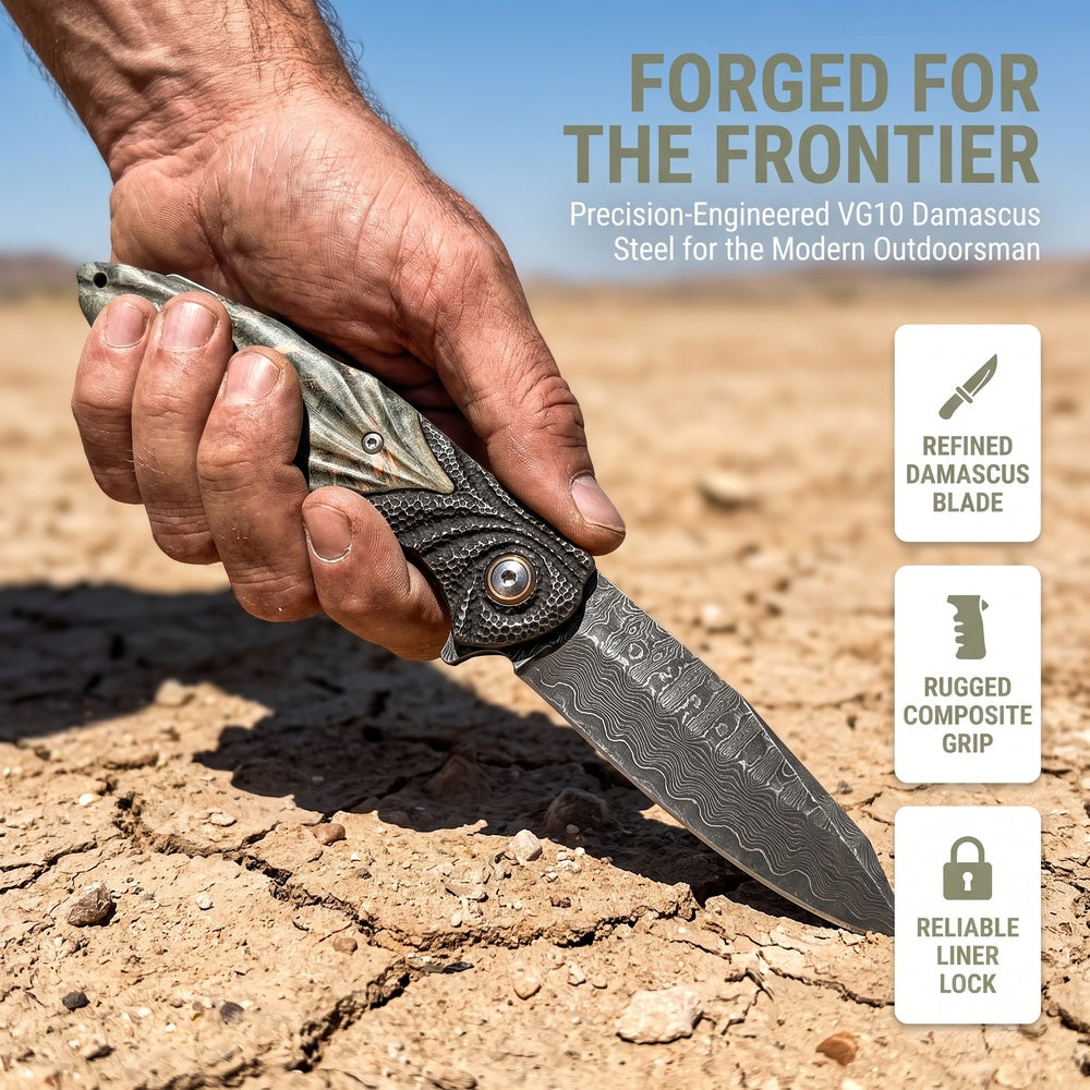 VG10 Damascus Steel Folding Pocket Knife, Stabilized Wood Handle Flipper EDC Knife with Liner Lock