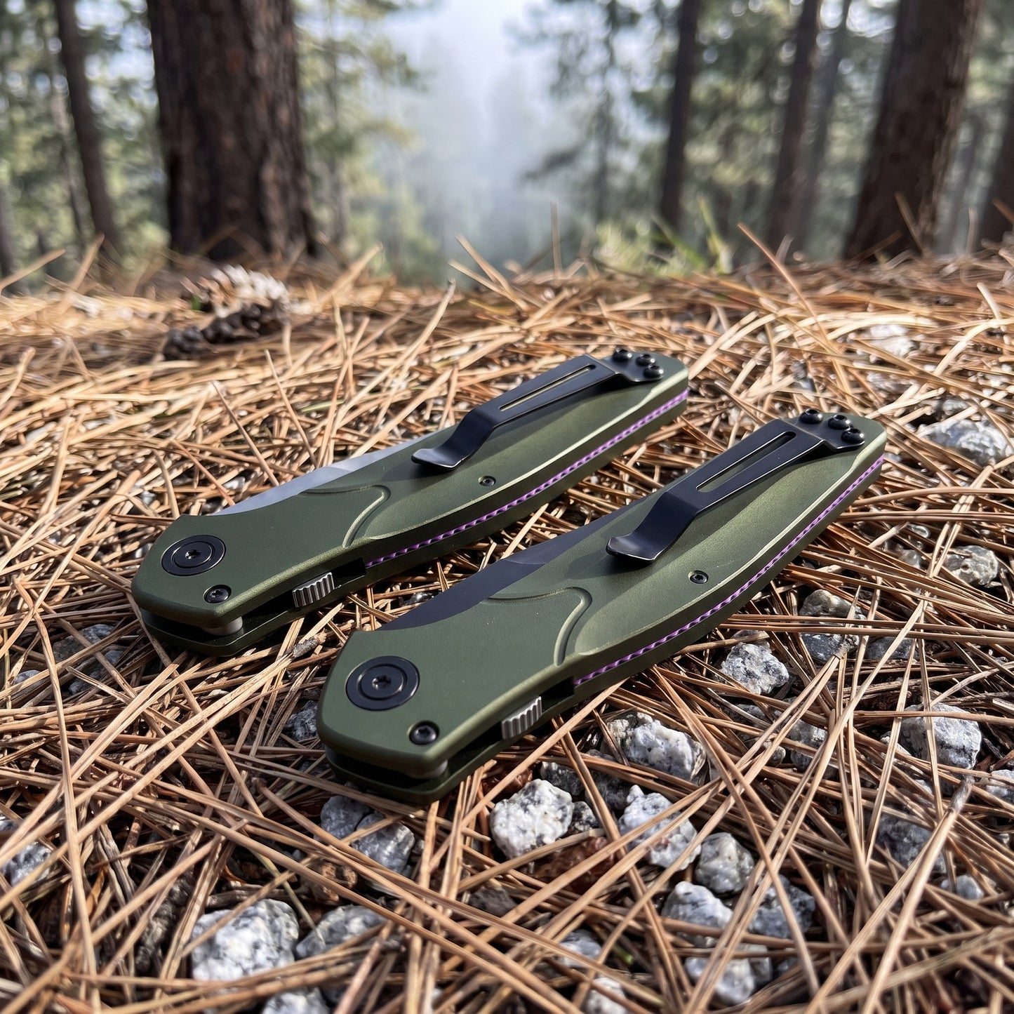 D2 Steel Reverse Tanto Folding Knife - Olive Green Aluminum Handle with Push Button Lock & Reversible Deep Carry Clip