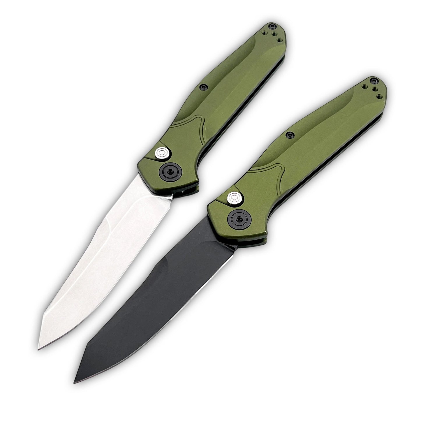 D2 Steel Reverse Tanto Folding Knife - Olive Green Aluminum Handle with Push Button Lock & Reversible Deep Carry Clip