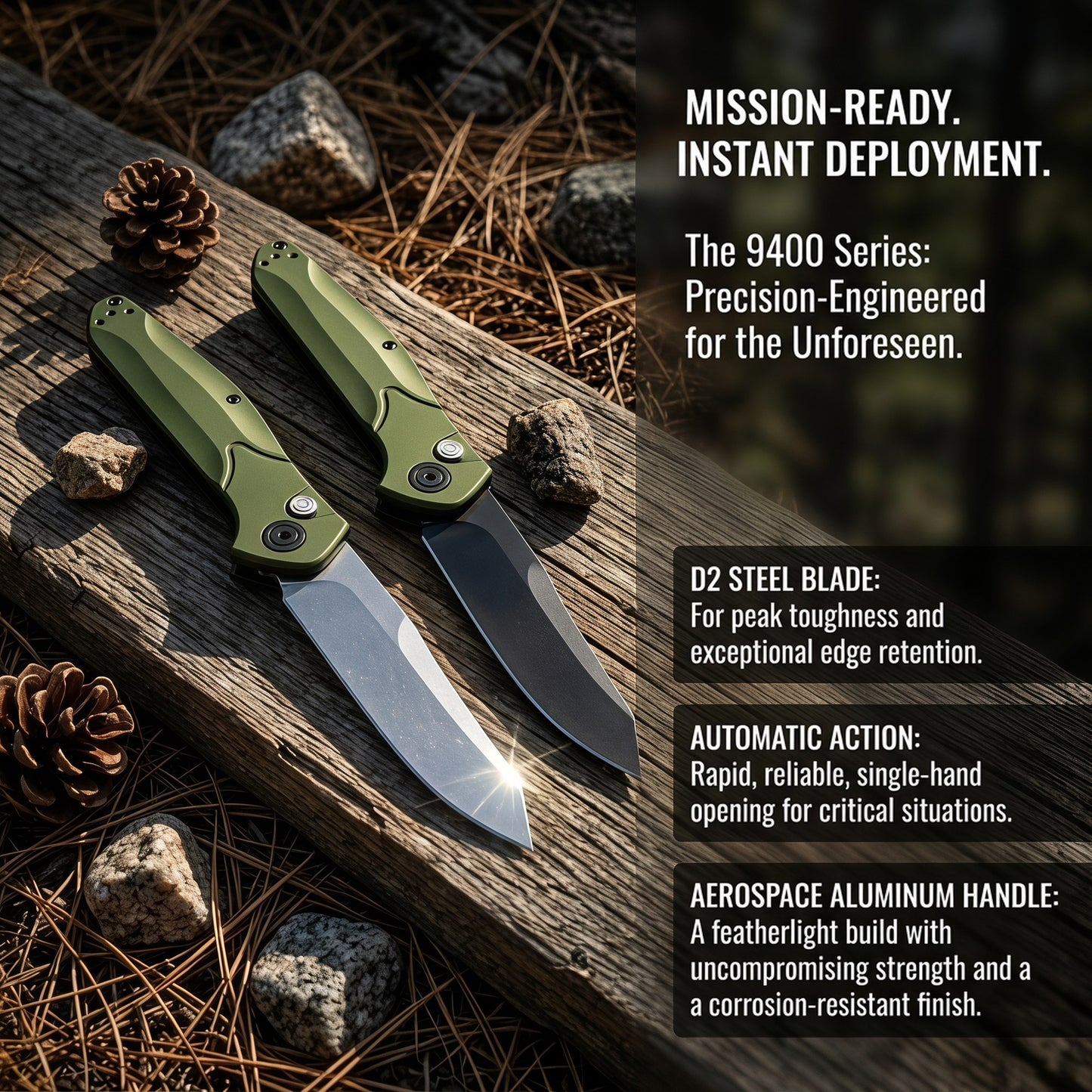 D2 Steel Reverse Tanto Folding Knife - Olive Green Aluminum Handle with Push Button Lock & Reversible Deep Carry Clip
