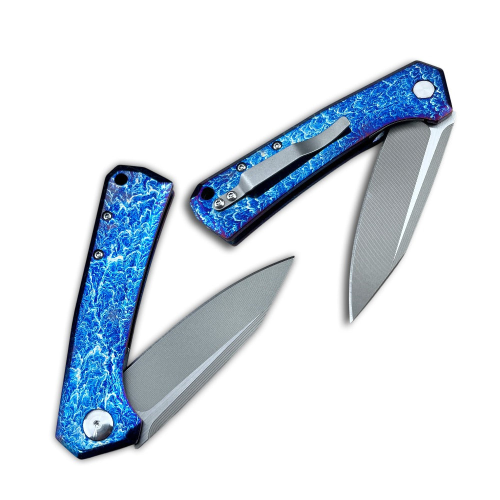 ZT0808 D2 Steel Flipper Folding Pocket Knife Anodized Blue Flame Pattern Titanium Alloy Handle