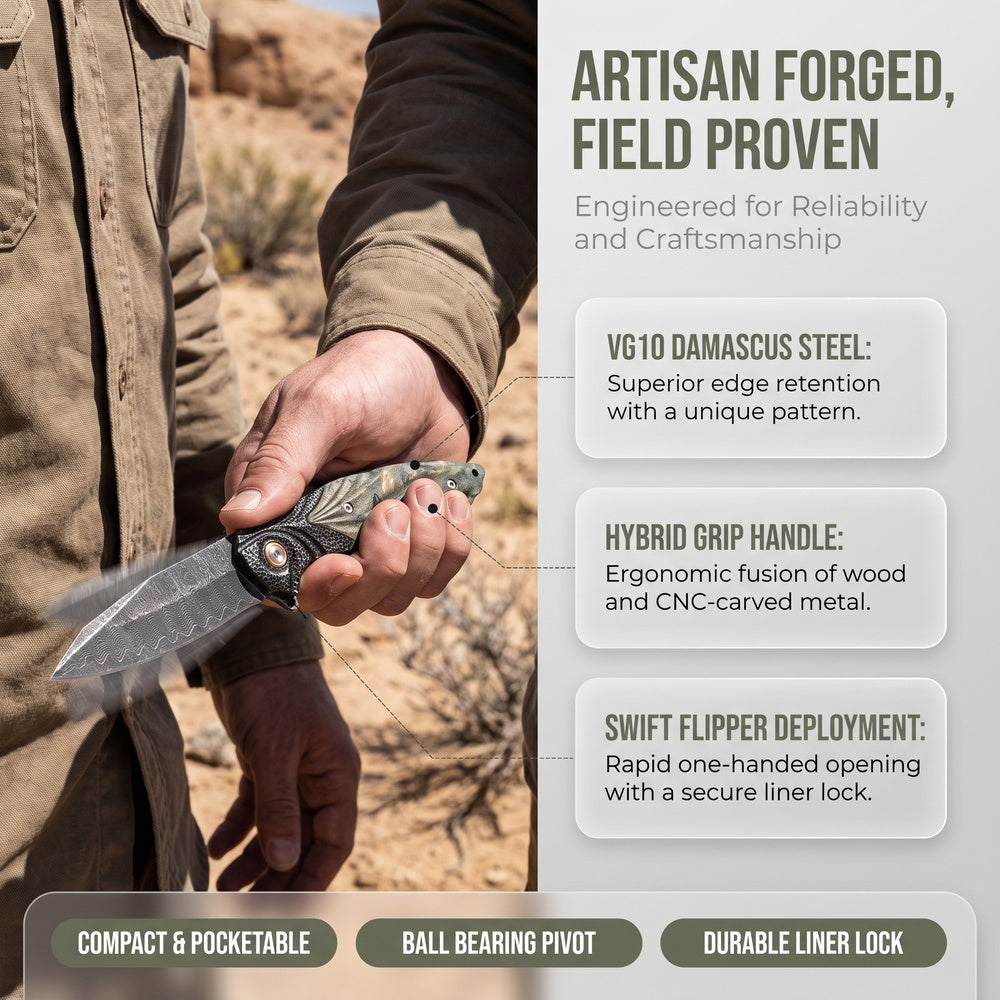 VG10 Damascus Steel Folding Pocket Knife, Stabilized Wood Handle Flipper EDC Knife with Liner Lock