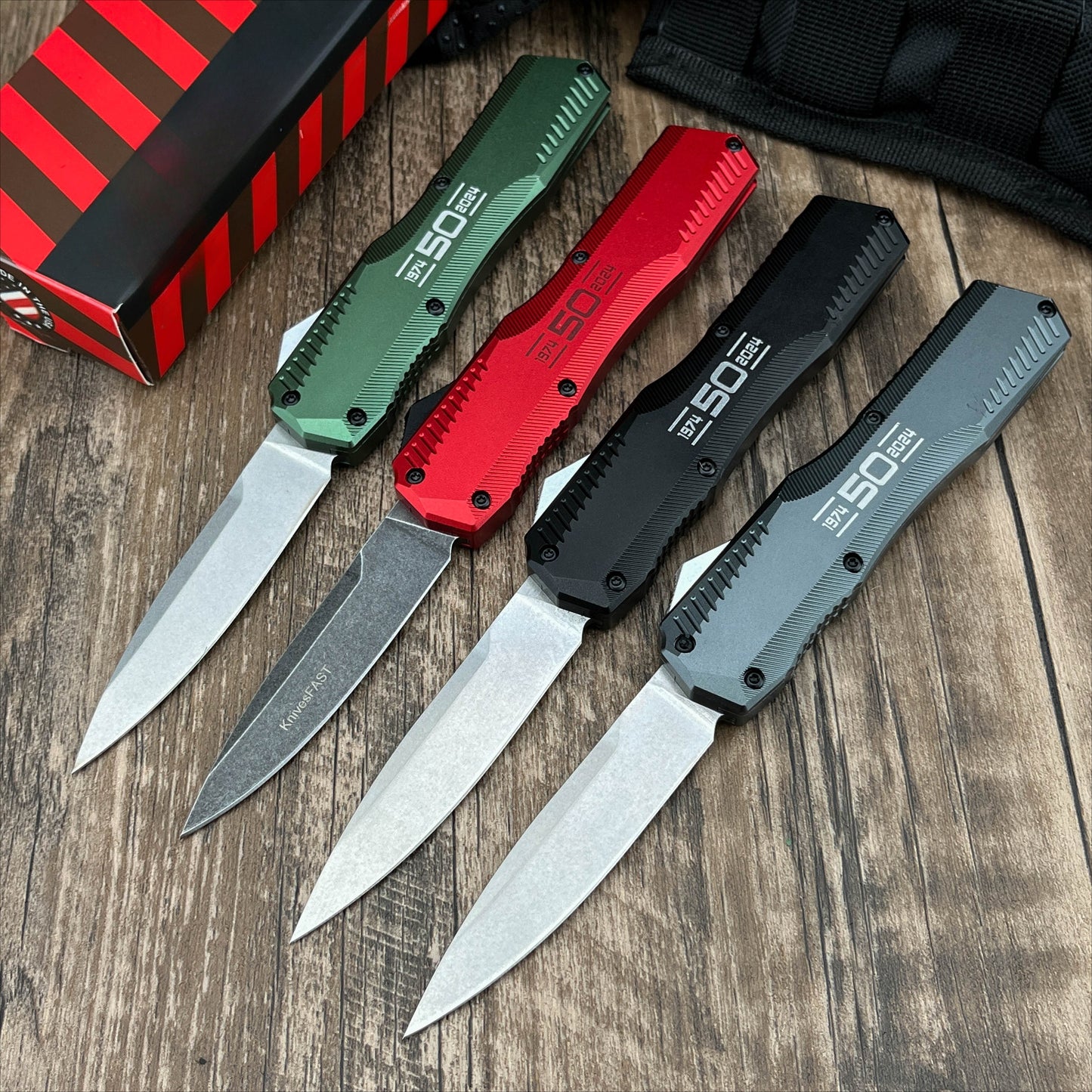 9000K50 Matt Diskin Commemorative Livewire OTF AUTO Knife 3.3" CPM-MagnaCut Stonewashed Spear Point Blade, 50th Anniversary Black Aluminum Handles, Reversible Clip