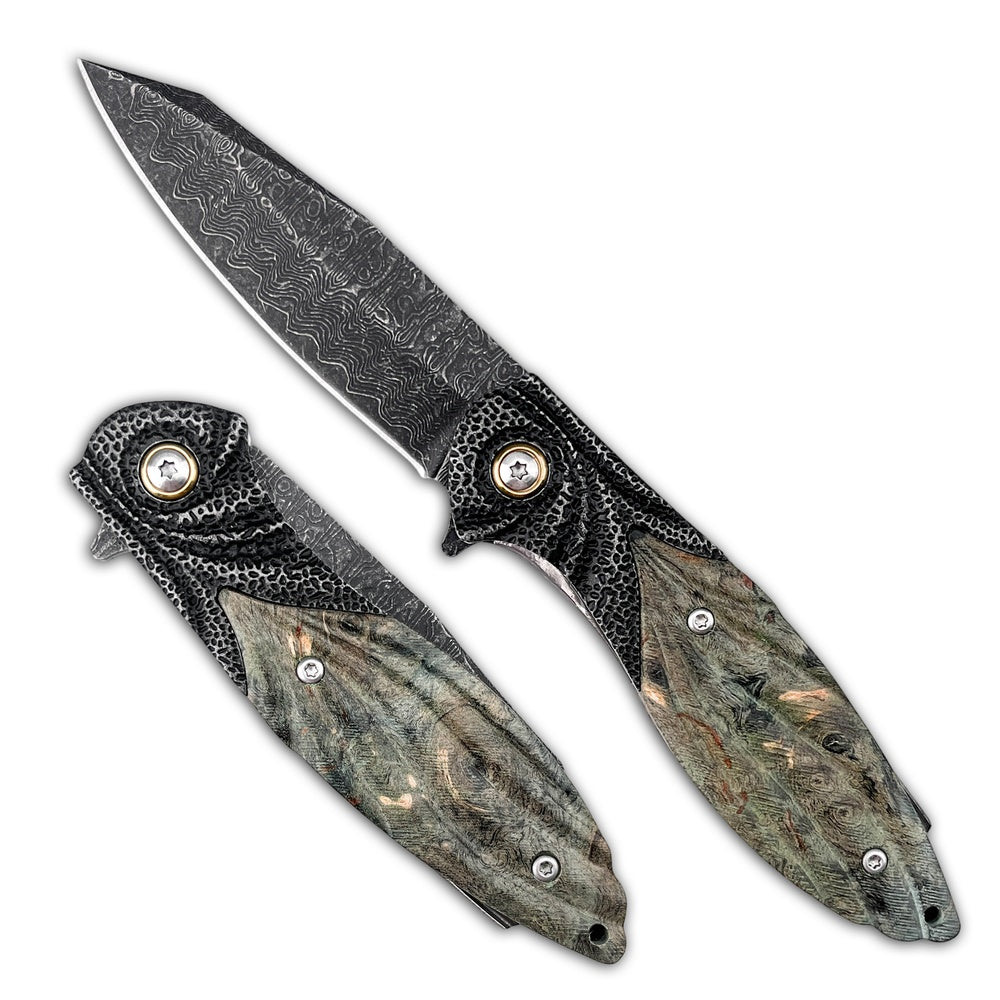 VG10 Damascus Steel Folding Pocket Knife, Stabilized Wood Handle Flipper EDC Knife with Liner Lock