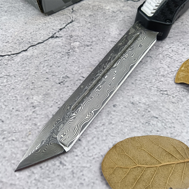 Heretic Knives Cleric II OTF AUTO Tactical Knife Double Edge Dagger Damascus Blade T6 Aluminum Alloy + Carbon Fiber Patch Handle EDC Button Opening Combat Military Knives