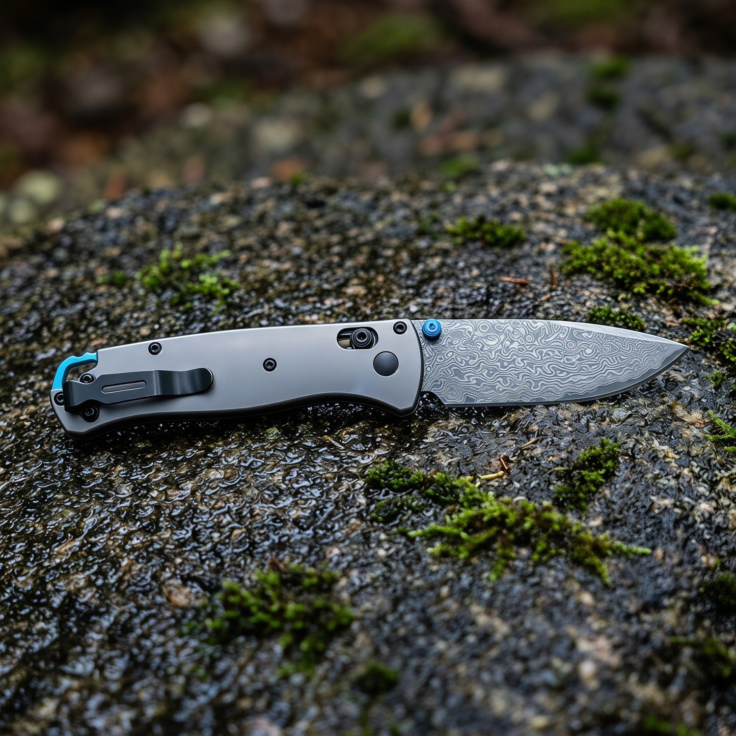 Damascus Folding Pocket Knife - Lightweight TC4 Handle, Drop Point Steel Blade, Dual Thumb Stud, Crossbar Lock, Deep Carry Clip