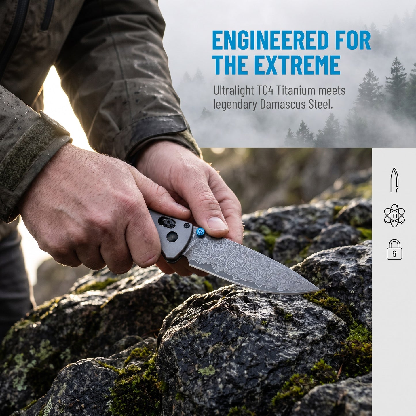 Damascus Folding Pocket Knife - Lightweight TC4 Handle, Drop Point Steel Blade, Dual Thumb Stud, Crossbar Lock, Deep Carry Clip