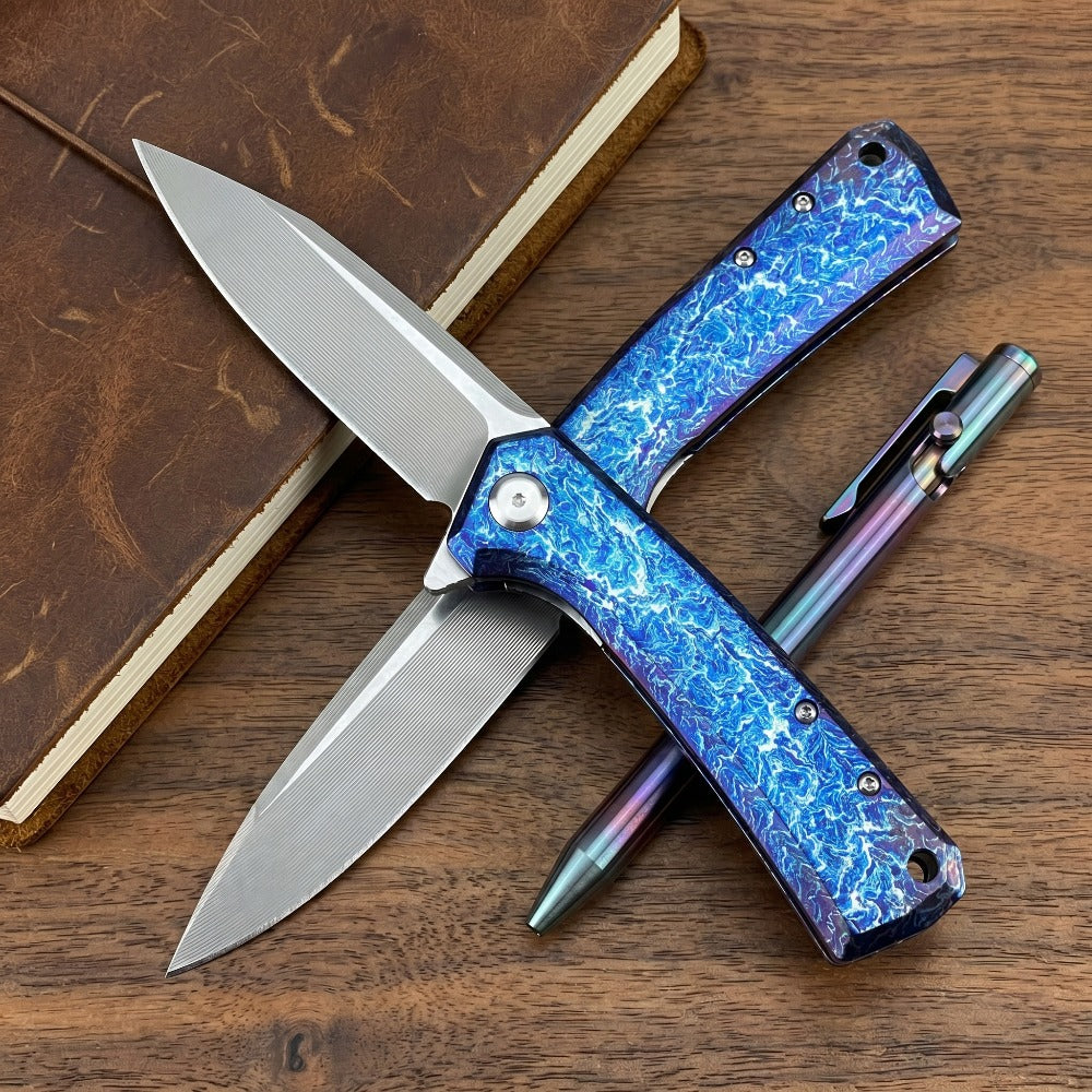 ZT0808 D2 Steel Flipper Folding Pocket Knife Anodized Blue Flame Pattern Titanium Alloy Handle