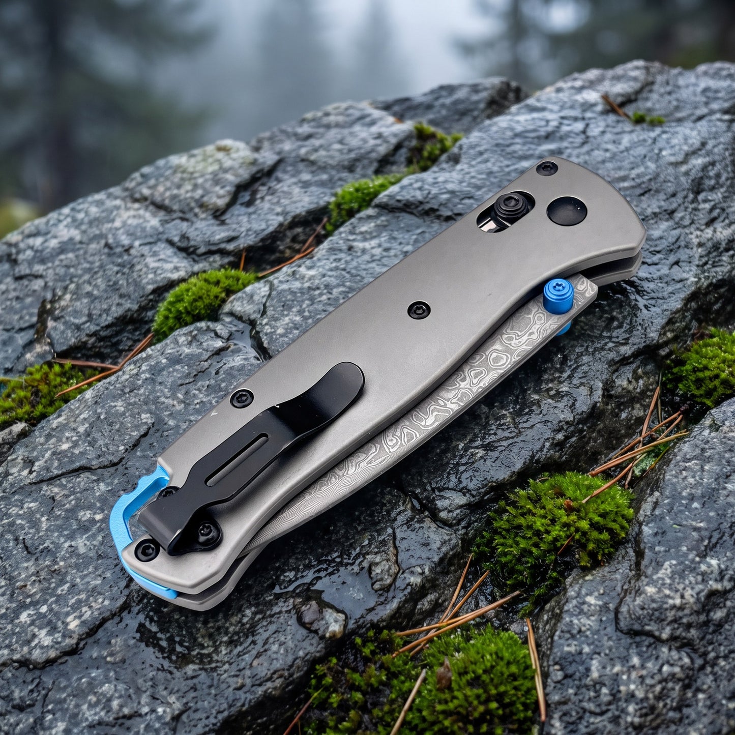 Damascus Folding Pocket Knife - Lightweight TC4 Handle, Drop Point Steel Blade, Dual Thumb Stud, Crossbar Lock, Deep Carry Clip