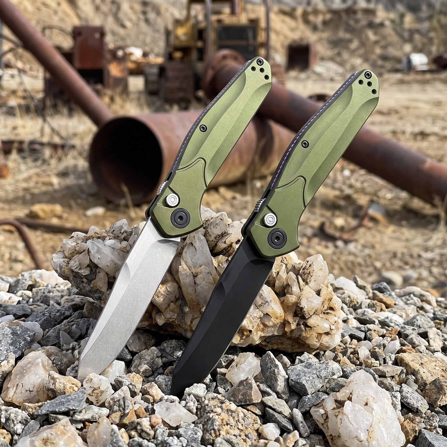 D2 Steel Reverse Tanto Folding Knife - Olive Green Aluminum Handle with Push Button Lock & Reversible Deep Carry Clip