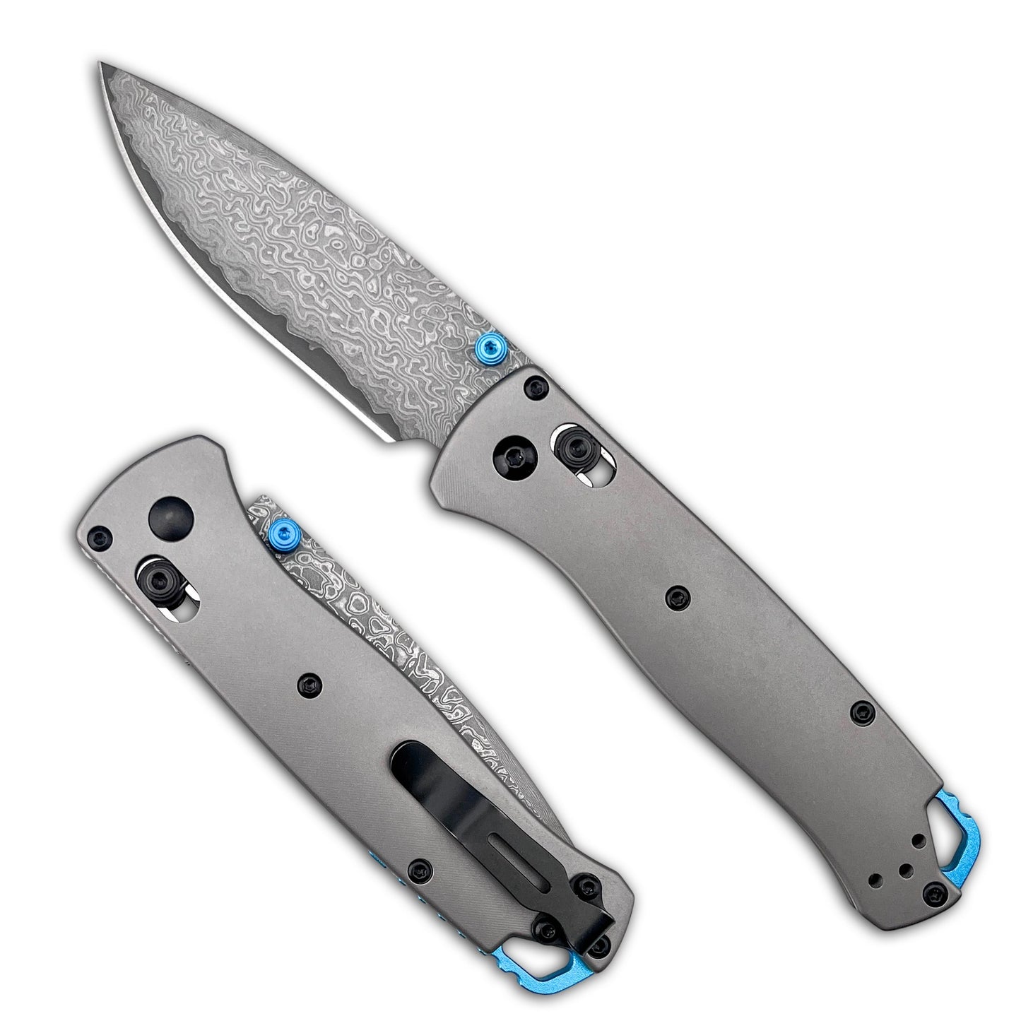Damascus Folding Pocket Knife - Lightweight TC4 Handle, Drop Point Steel Blade, Dual Thumb Stud, Crossbar Lock, Deep Carry Clip