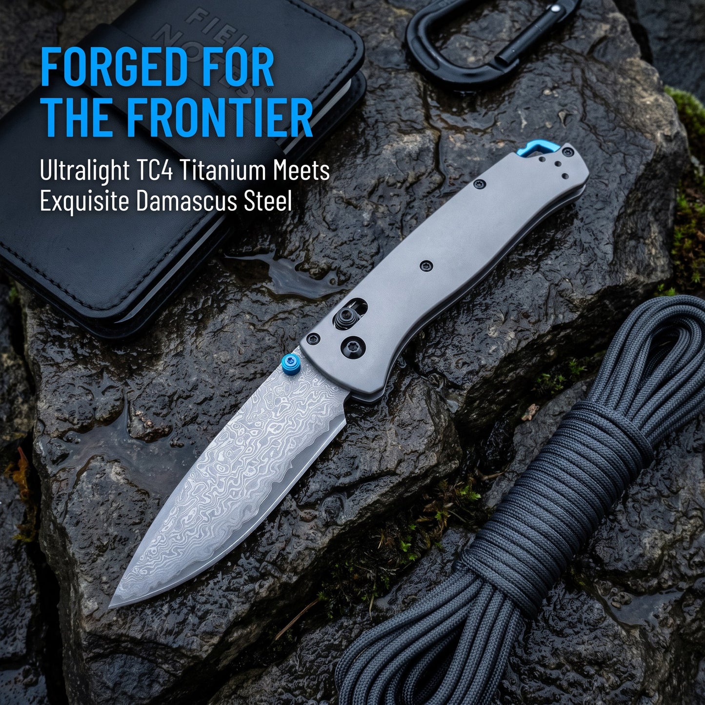 Damascus Folding Pocket Knife - Lightweight TC4 Handle, Drop Point Steel Blade, Dual Thumb Stud, Crossbar Lock, Deep Carry Clip