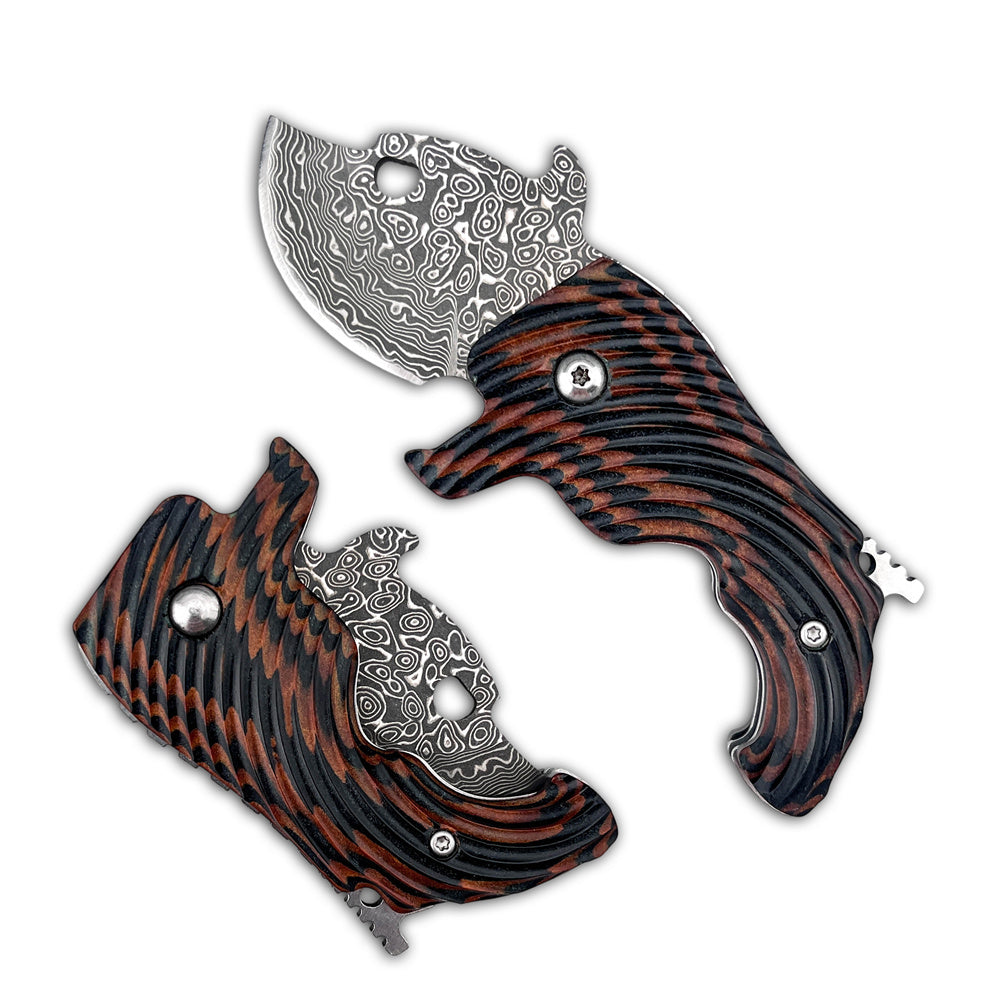 Damascus Steel Folding EDC Pocket Knife Dual Color G10 Handle Thumb Hole Stubby Utility Knife