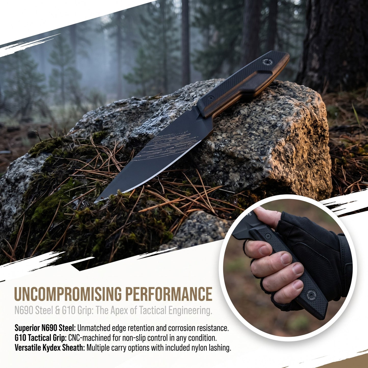 Full Tang N690 Steel Fixed Blade Outdoor Knife with G10 Handle and Protective Sheath