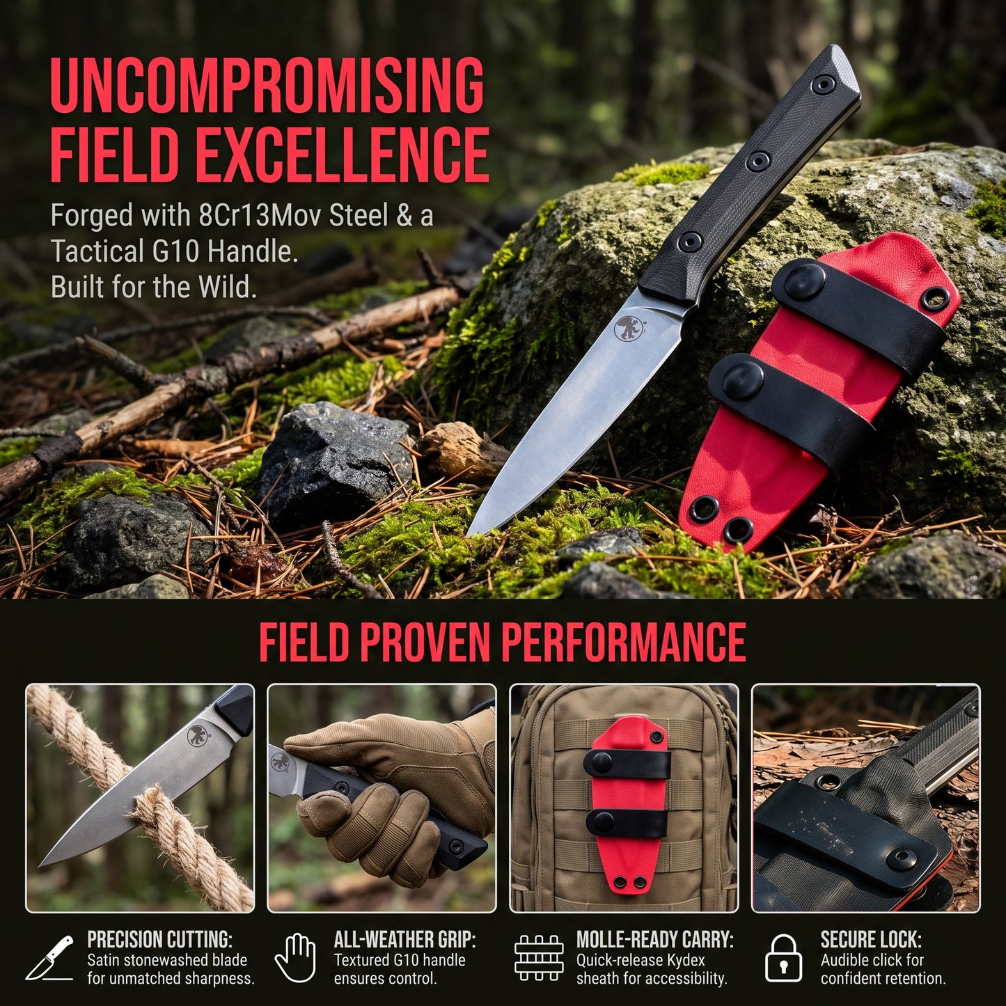 3500-10BK Fixed Blade Paring Knife with G10 Handle Black Coated 8Cr13MoV Stainless Steel Utility Fruit Knife Sheath Included