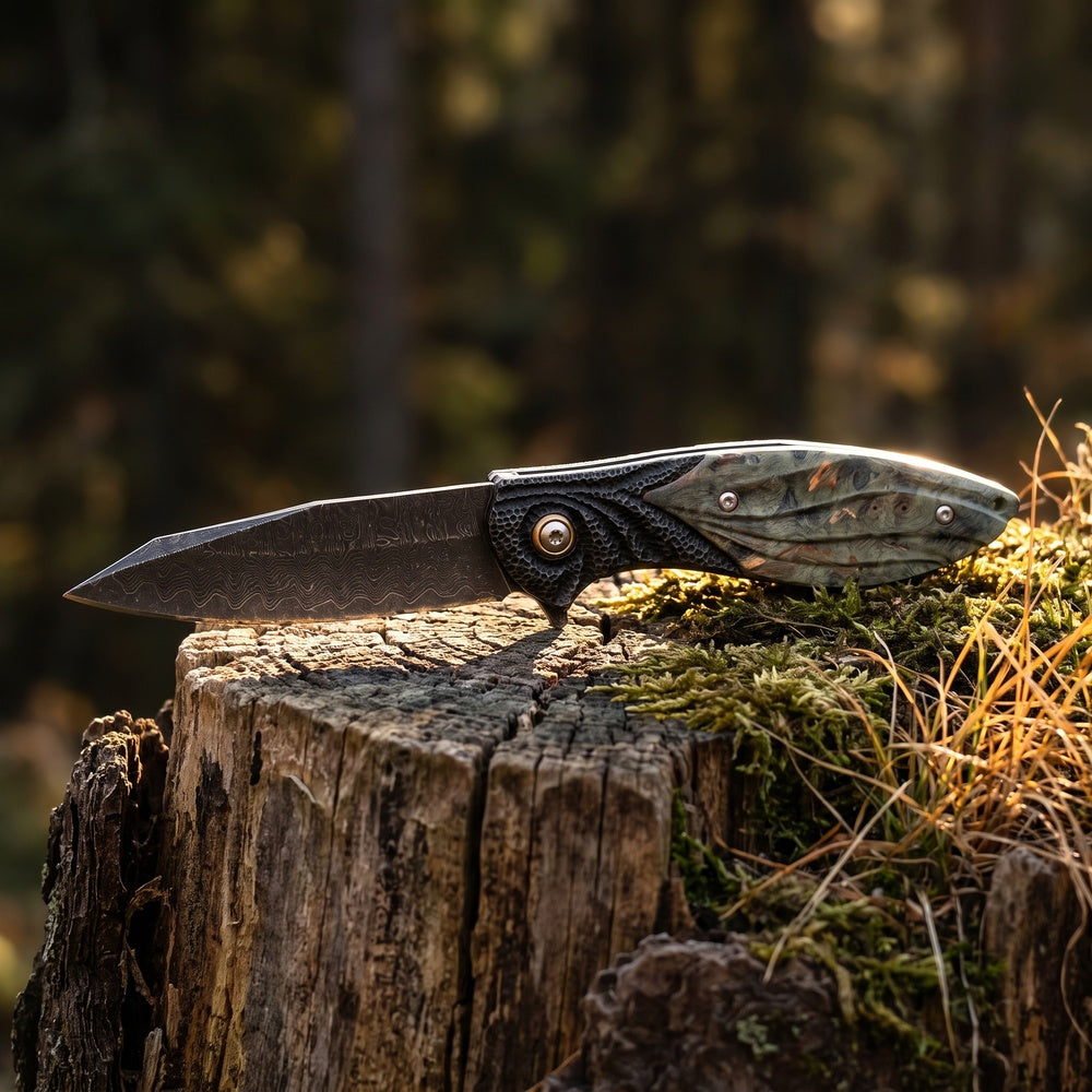 VG10 Damascus Steel Folding Pocket Knife, Stabilized Wood Handle Flipper EDC Knife with Liner Lock