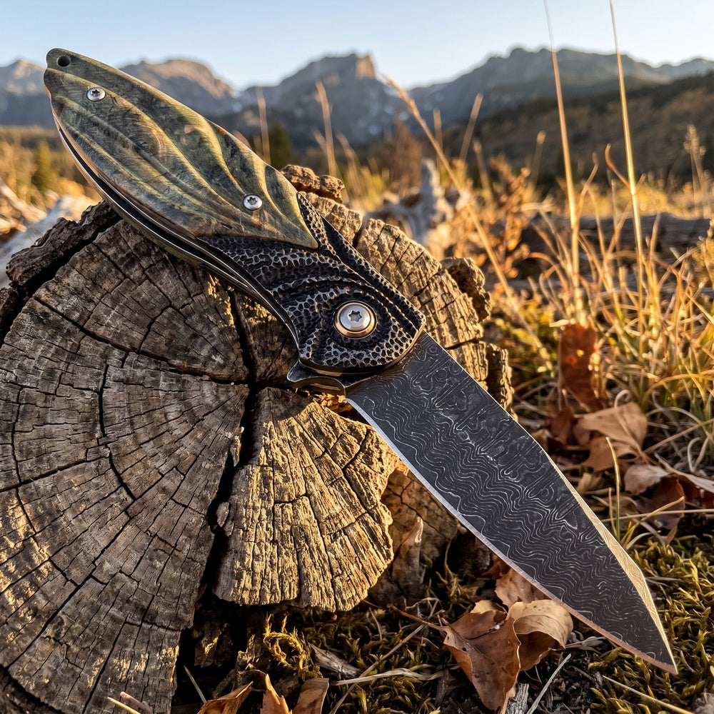 VG10 Damascus Steel Folding Pocket Knife, Stabilized Wood Handle Flipper EDC Knife with Liner Lock