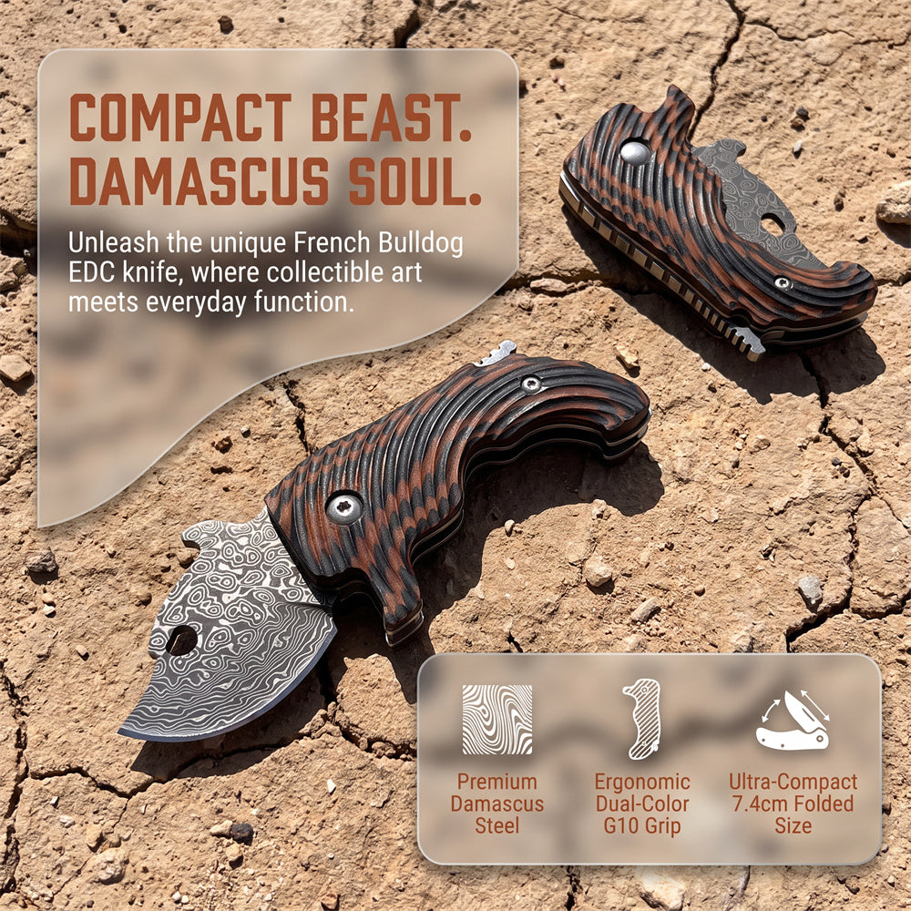 Damascus Steel Folding EDC Pocket Knife Dual Color G10 Handle Thumb Hole Stubby Utility Knife