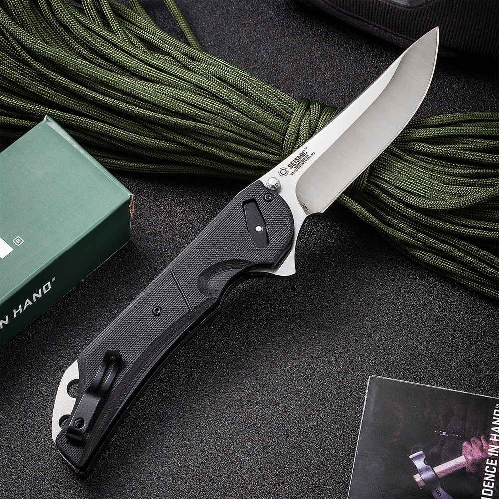 NEW Columbia River CRKT 5401 Flavio Ikoma Seismic Deadbolt Lock Flipper Knife 3.969" D2 Satin Plain Blade, Black G10 Handles, Outdoor Tactical Pocket EDC Folding Knives