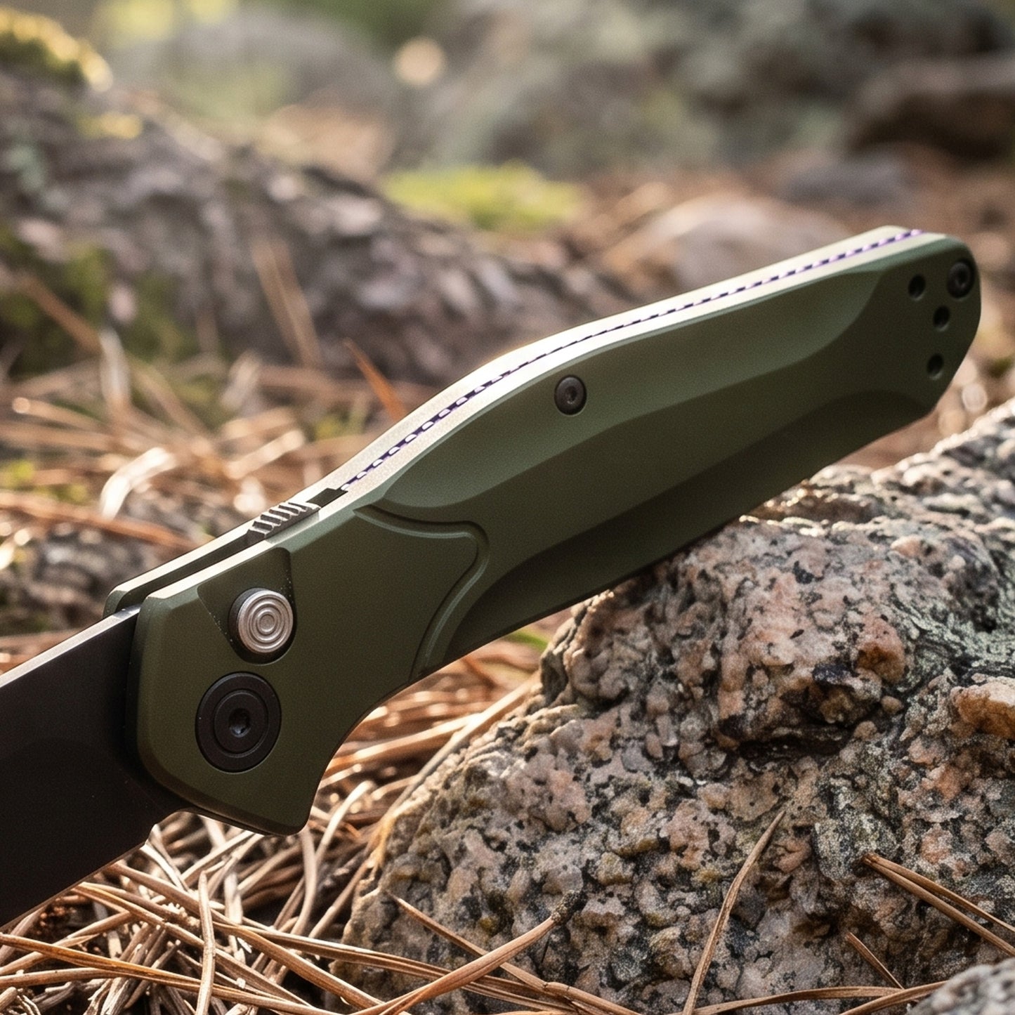 D2 Steel Reverse Tanto Folding Knife - Olive Green Aluminum Handle with Push Button Lock & Reversible Deep Carry Clip