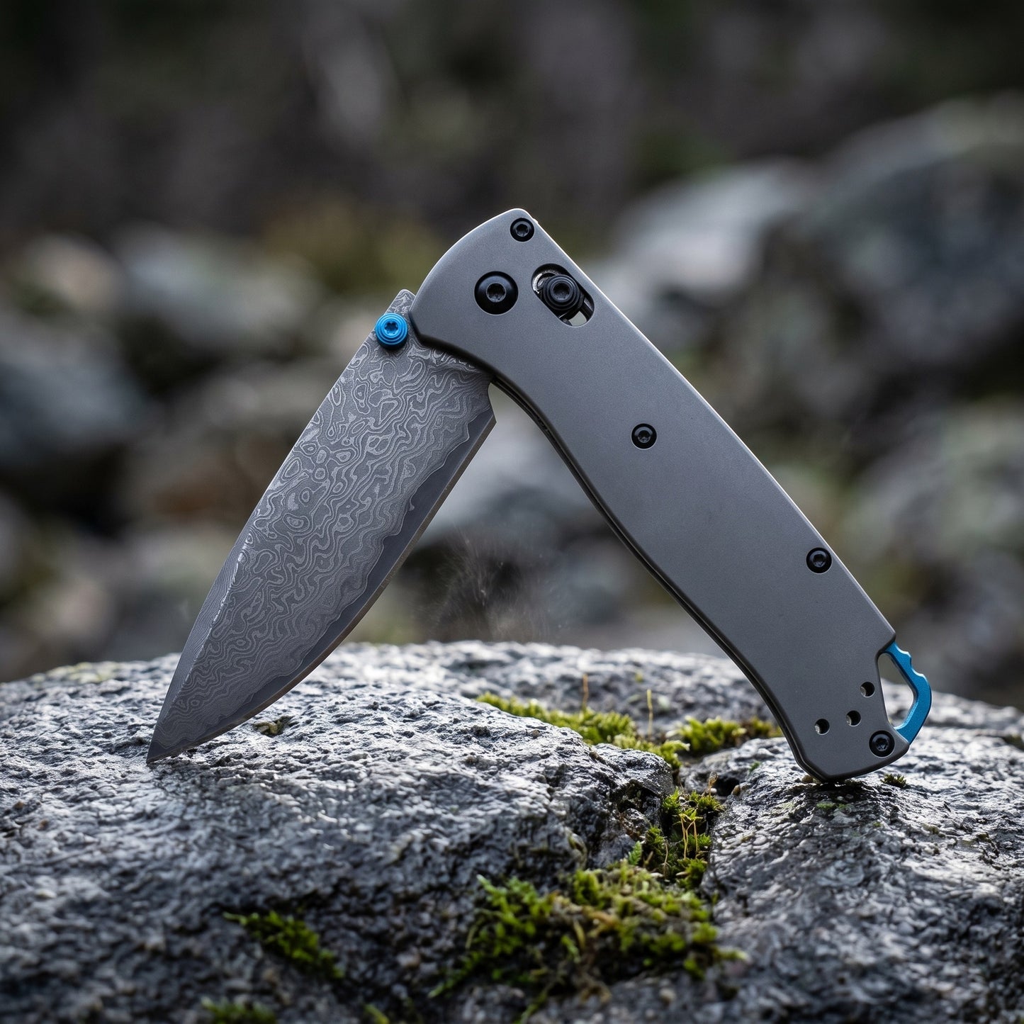 Damascus Folding Pocket Knife - Lightweight TC4 Handle, Drop Point Steel Blade, Dual Thumb Stud, Crossbar Lock, Deep Carry Clip