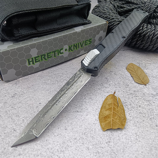 Heretic Knives Cleric II OTF AUTO Tactical Knife Double Edge Dagger Damascus Blade T6 Aluminum Alloy + Carbon Fiber Patch Handle EDC Button Opening Combat Military Knives