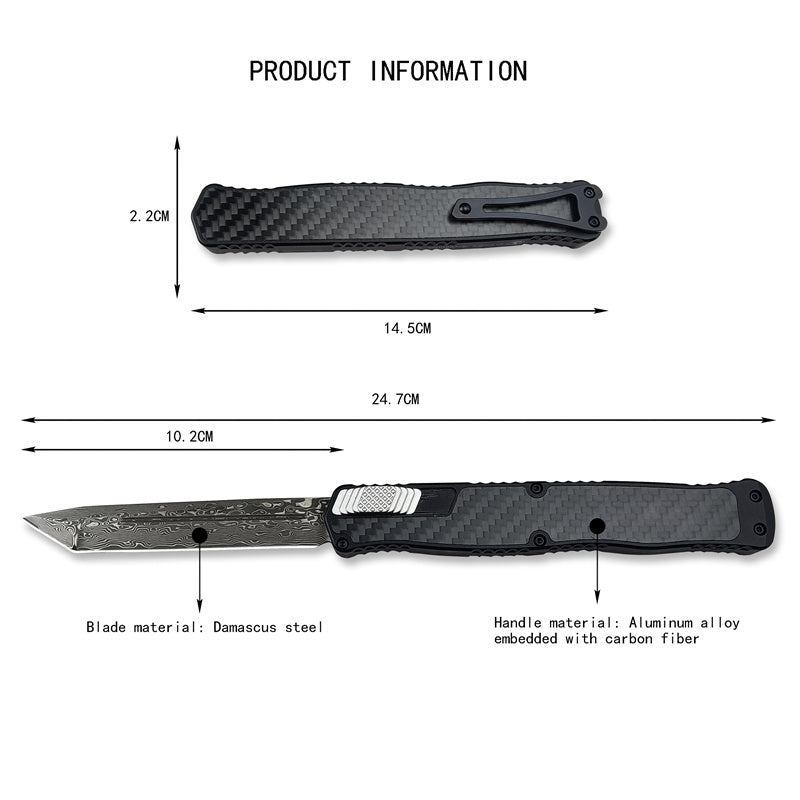 Heretic Knives Cleric II OTF AUTO Tactical Knife Double Edge Dagger Damascus Blade T6 Aluminum Alloy + Carbon Fiber Patch Handle EDC Button Opening Combat Military Knives