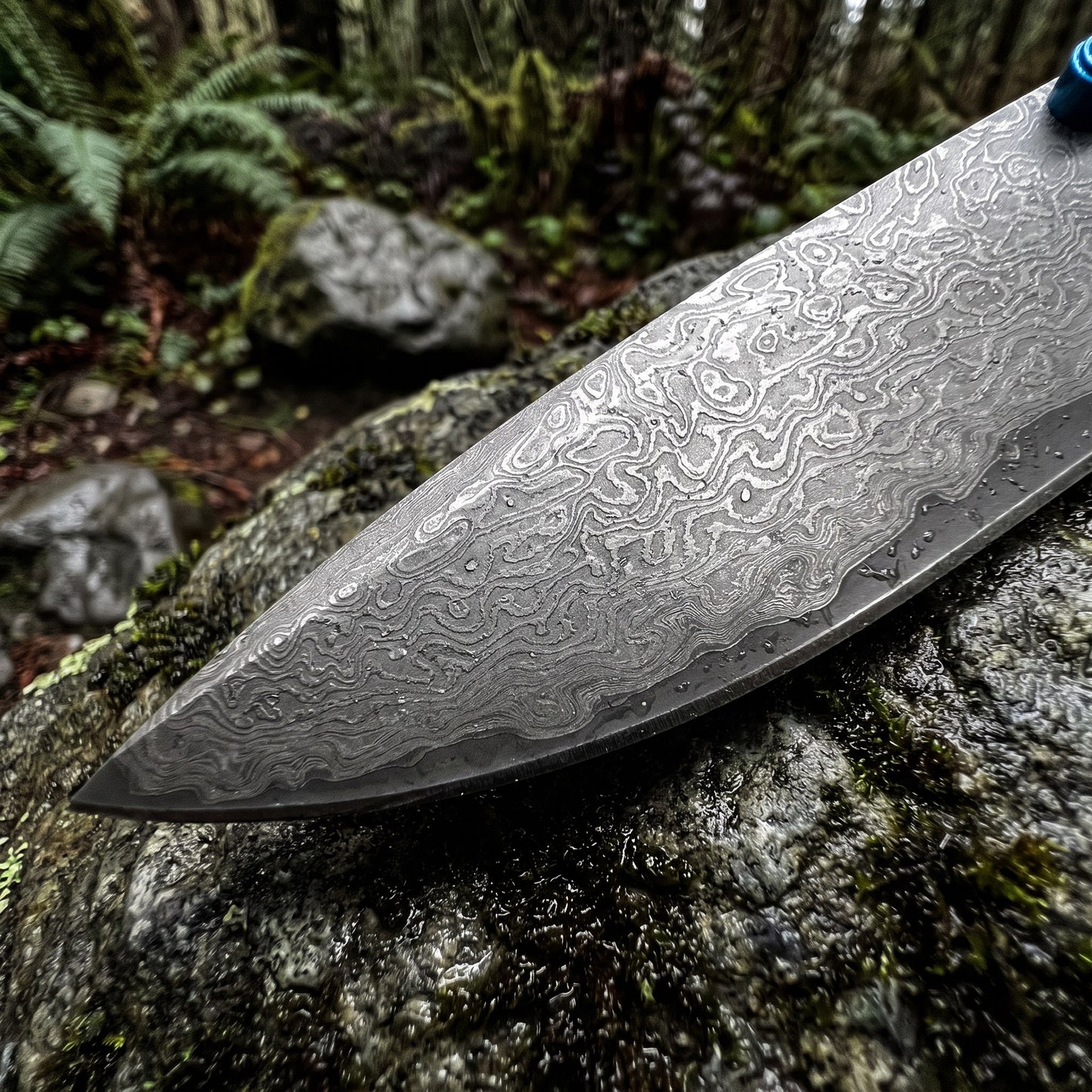 Damascus Folding Pocket Knife - Lightweight TC4 Handle, Drop Point Steel Blade, Dual Thumb Stud, Crossbar Lock, Deep Carry Clip