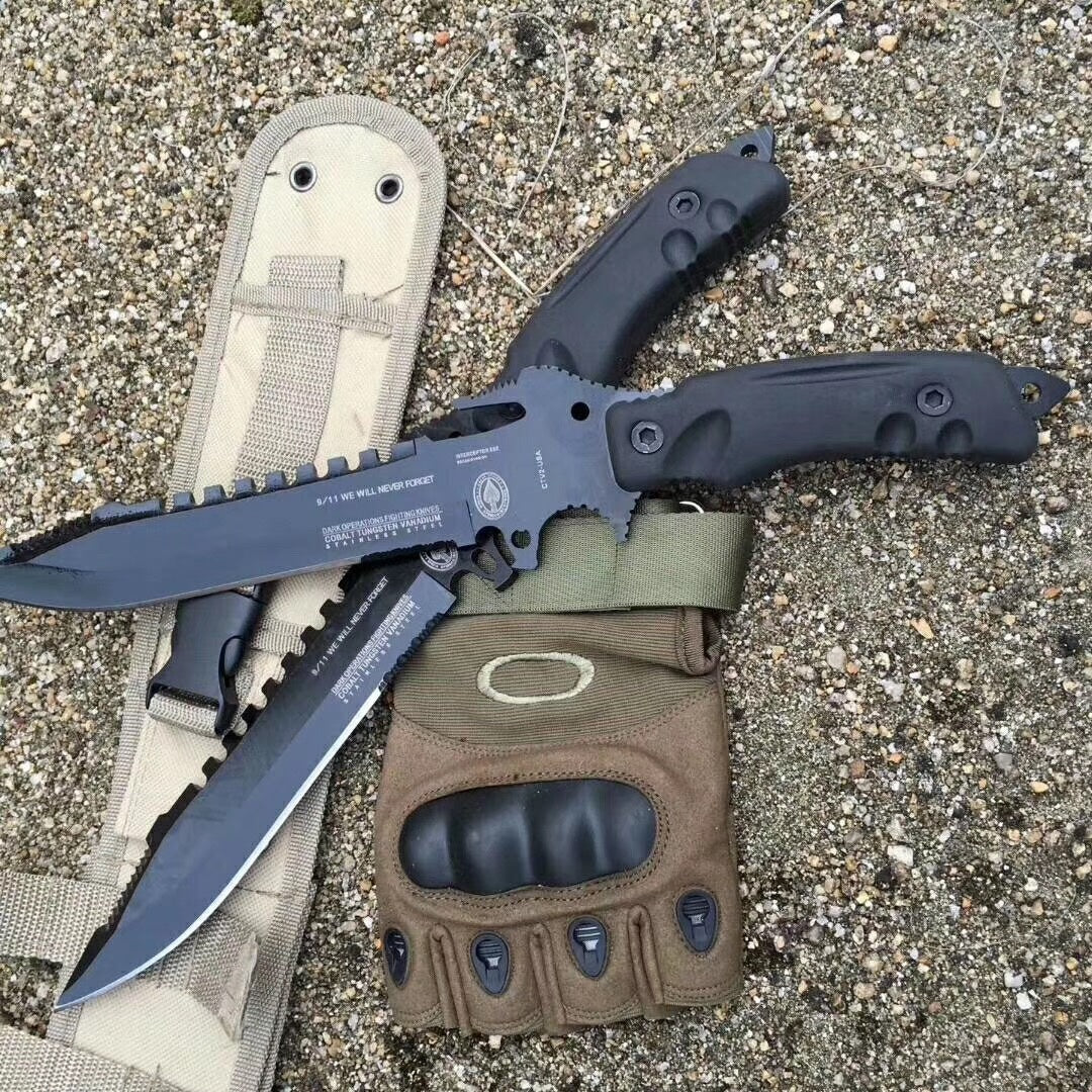 Tactical hunting knife fixed blade oxidized black handle military rescue knife combat dagger bayonet with nylon tactical knife sleeve