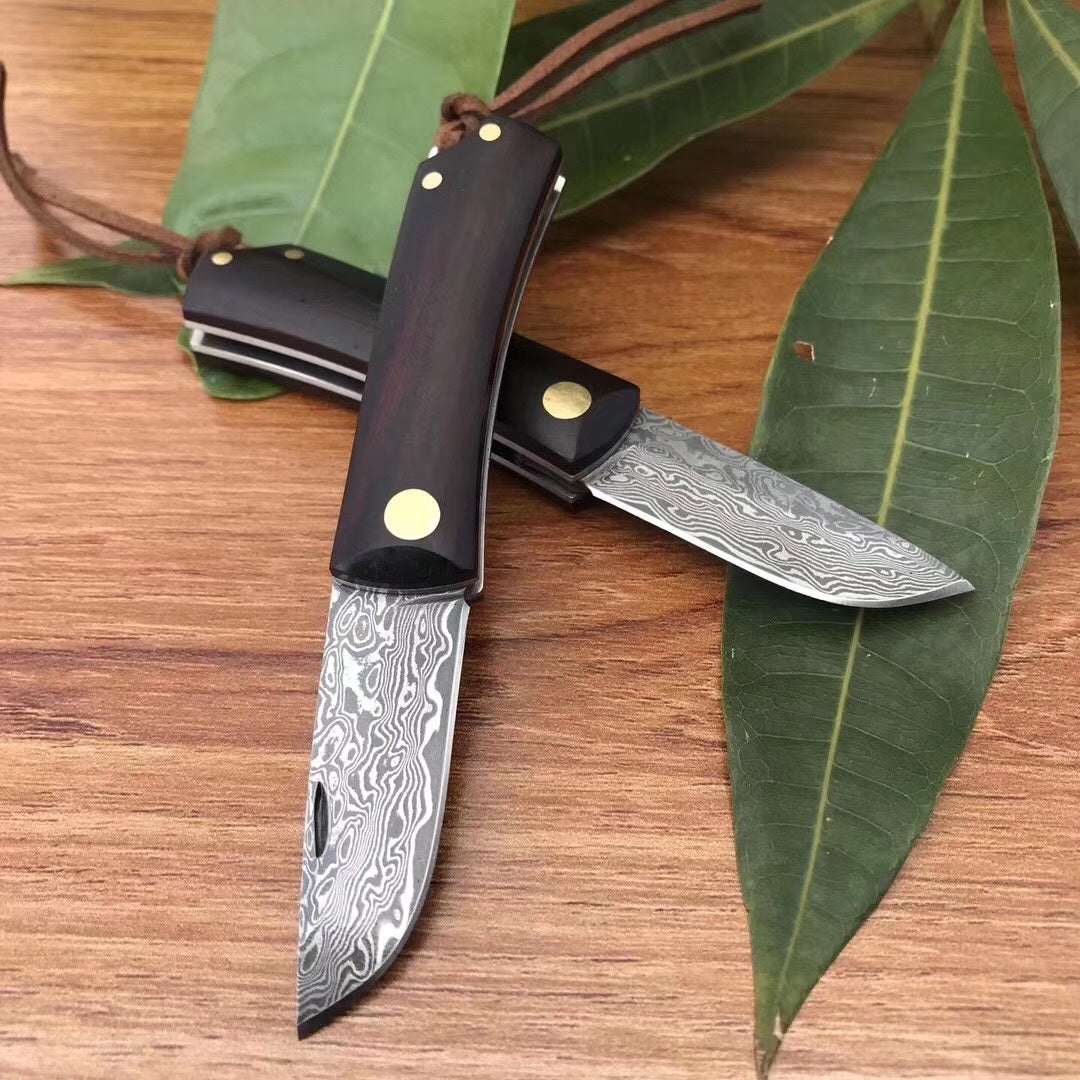 Damascus Pocket Folding fixed blade Knife Wood Handle Tactical Self-defense Knife Multi-functional Hunting Camping Survival EDC Rescue Tools