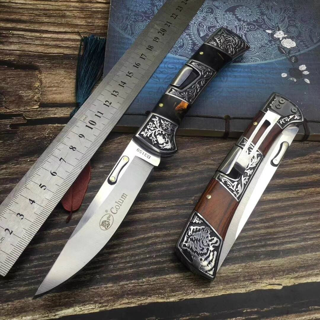 Columbia Multi-function folding knife 3Cr13Mov portable camping mini tactical rescue survival hunting knife all steel carved + color wood handle