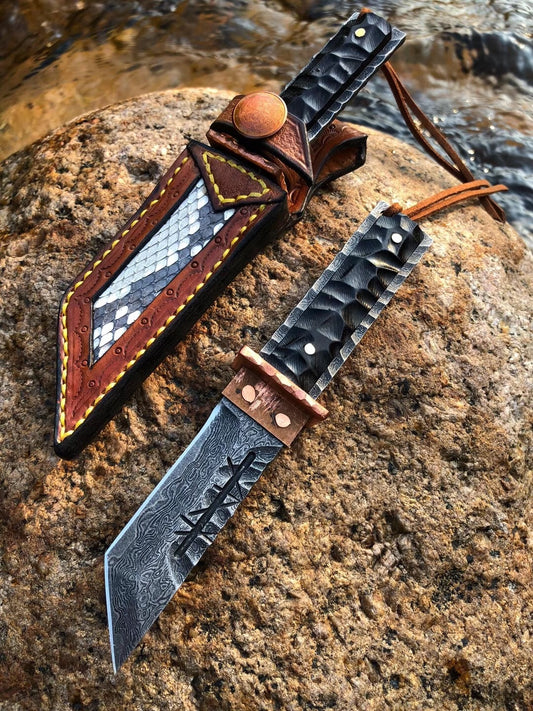 5.9 "ewood hand carved irregular grain Damascus knife tactical fixed blade emergency survival knife collection knife belt sheath