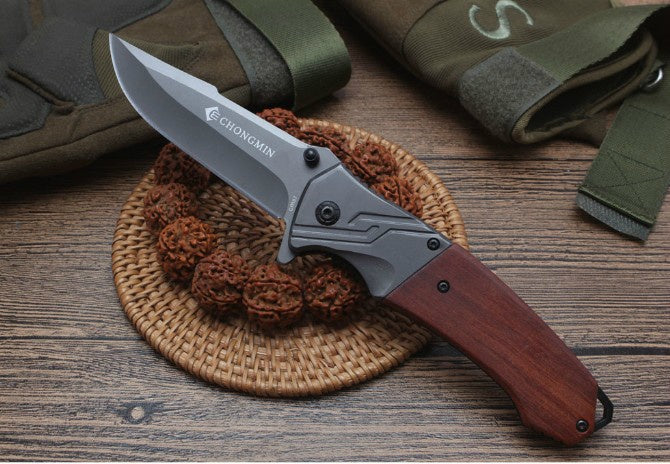 CHONG MING 8.2 "spring assisted folding knife outdoor tactical pocket survival hunting camping sharp combat knife acid branch wood handle