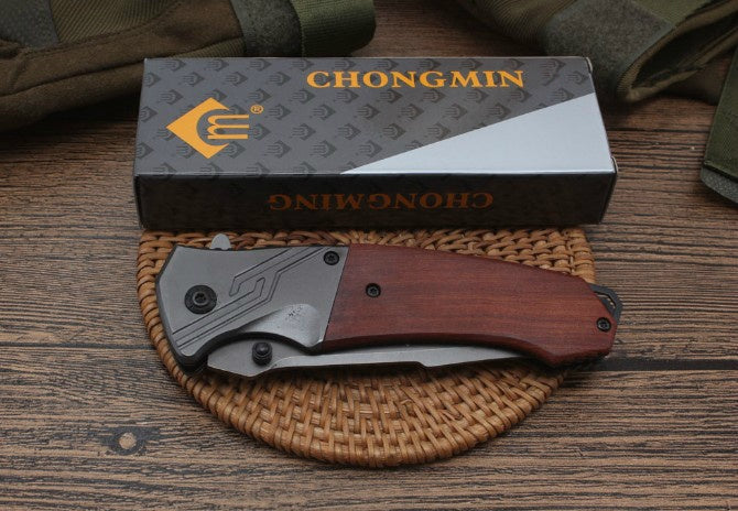 CHONG MING 8.2 "spring assisted folding knife outdoor tactical pocket survival hunting camping sharp combat knife acid branch wood handle