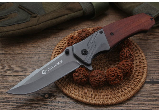 CHONG MING 8.2 "spring assisted folding knife outdoor tactical pocket survival hunting camping sharp combat knife acid branch wood handle