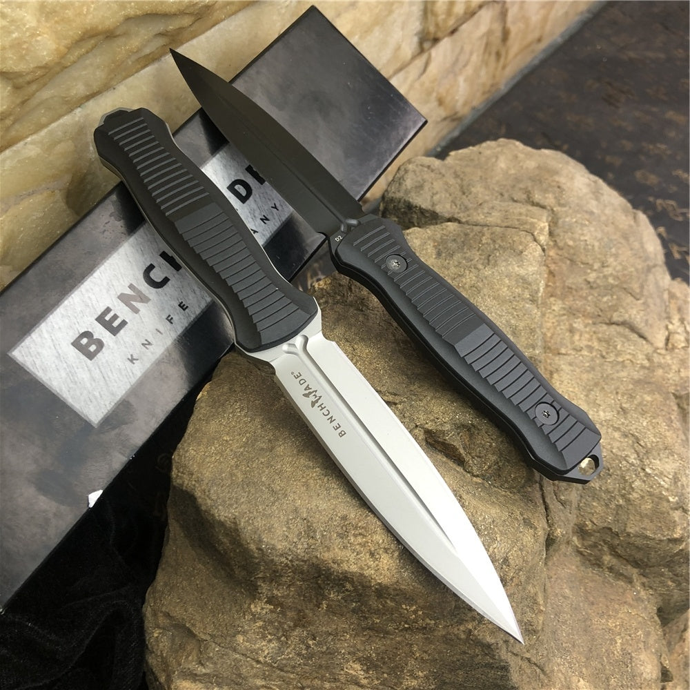 BENCHMADE 133BK Tactical Fixed Blade Knives Infidel 4.52" D2 Satin Double Edge Dagger Blade, Black &White Nylon Glass Fiber Handles, Boltaron Sheath