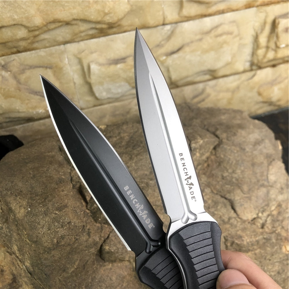 BENCHMADE 133BK Tactical Fixed Blade Knives Infidel 4.52" D2 Satin Double Edge Dagger Blade, Black &White Nylon Glass Fiber Handles, Boltaron Sheath